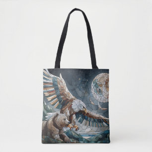 Tote Bag Mosaic Ai Art   Ours Brown et Pleine lune d'aigle