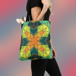 Tote Bag Mosaic kaléidoscope Carré orange jaune et vert