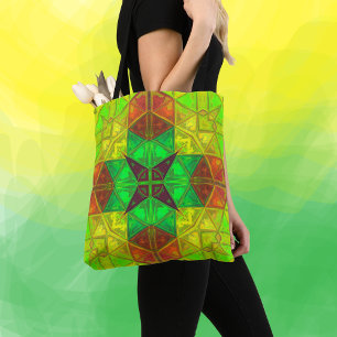 Tote Bag Mosaic kaléidoscope Carré vert jaune et orange