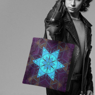 Tote Bag Mosaic Kaleidoscope Flower Blue and Purple