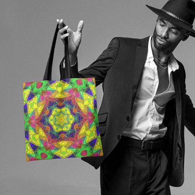 Tote Bag Mosaic Mandala Fleur Jaune Bleu et Vert (Créateur téléchargé)