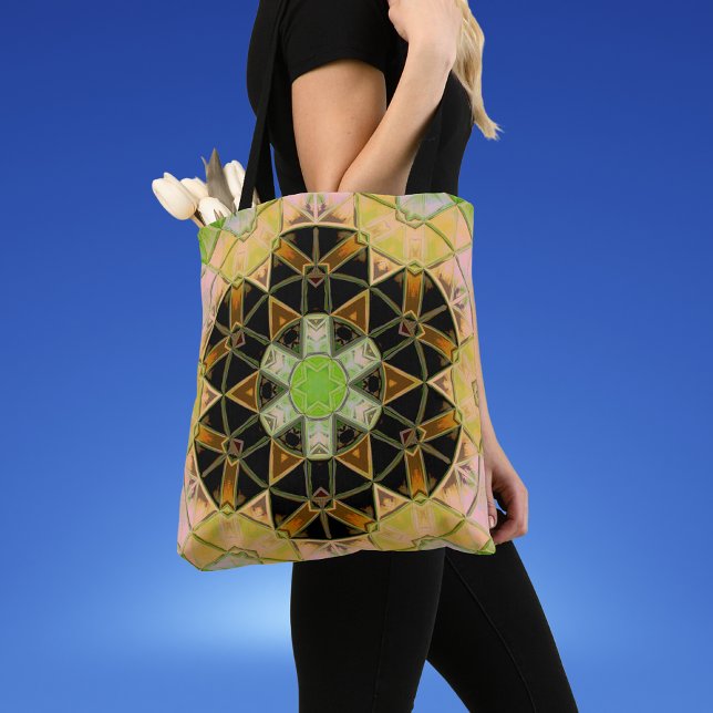 Tote Bag Mosaic Mandala Flower vert jaune et noir (Créateur téléchargé)