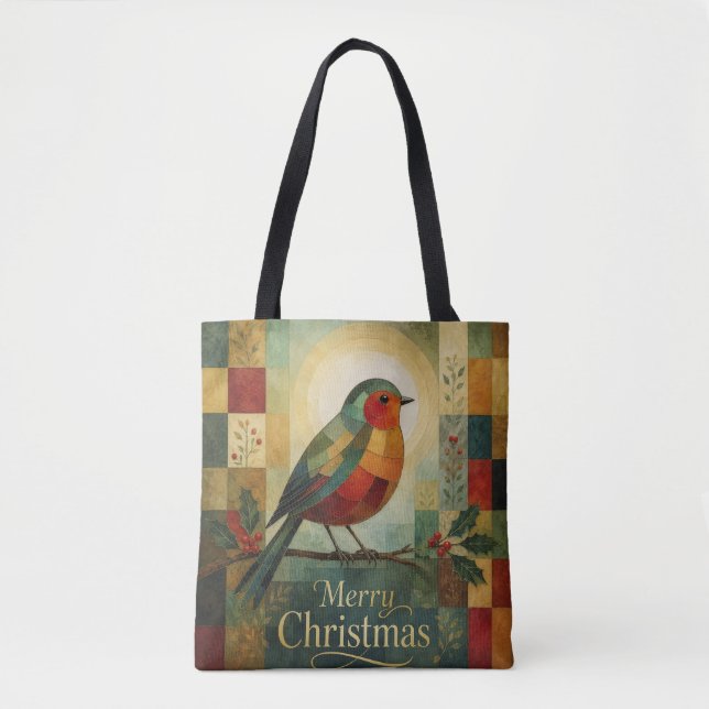 Tote Bag Mosaïque de Noël Robin Oiseau Houx Baie  (Devant)