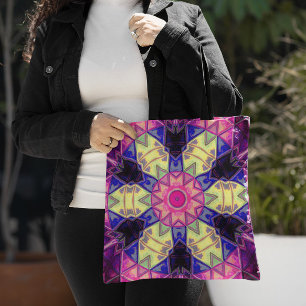 Tote Bag Mosaïque Kaleidoscope Fleur rose jaune et bleu