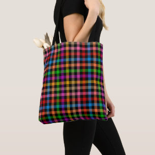 Tote Bag Motif à carreaux gingham arc-en-ciel coloré - Noir