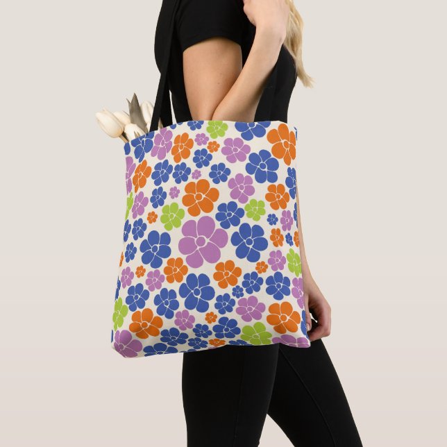 Tote Bag Motif à fleurs - Bleu, Orange, Violet, Vert (De près)