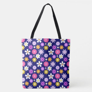 Tote Bag Motif à fleurs de style les années 70 rétro sur bl