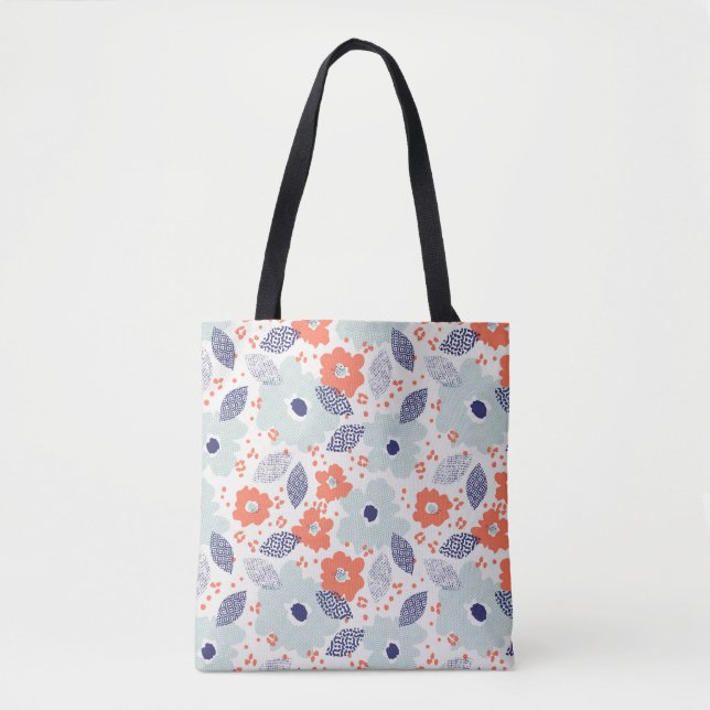 Tote Bag Motif à fleurs moderne orange et bleu (Devant)