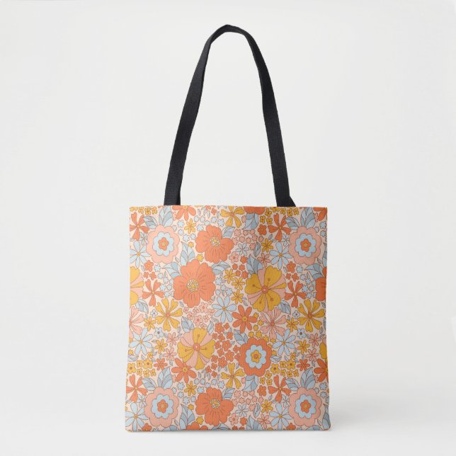 Tote Bag Motif à fleurs Orange Retro (Devant)