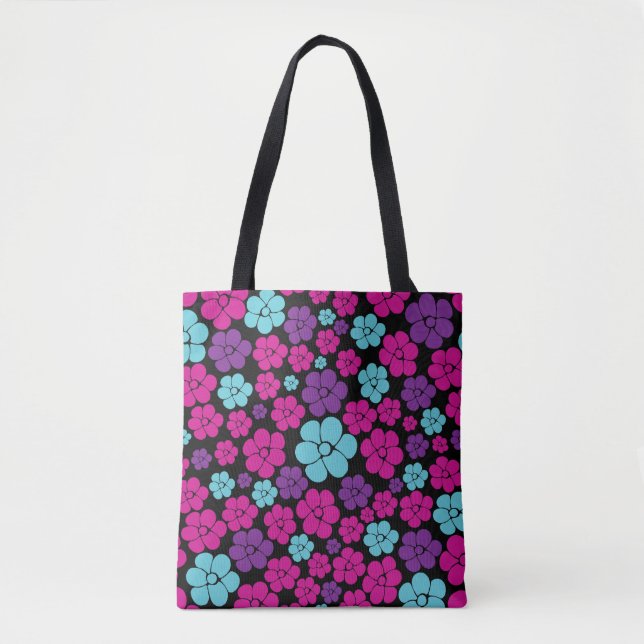 Tote Bag Motif à fleurs - rose, violet, bleu et noir (Devant)