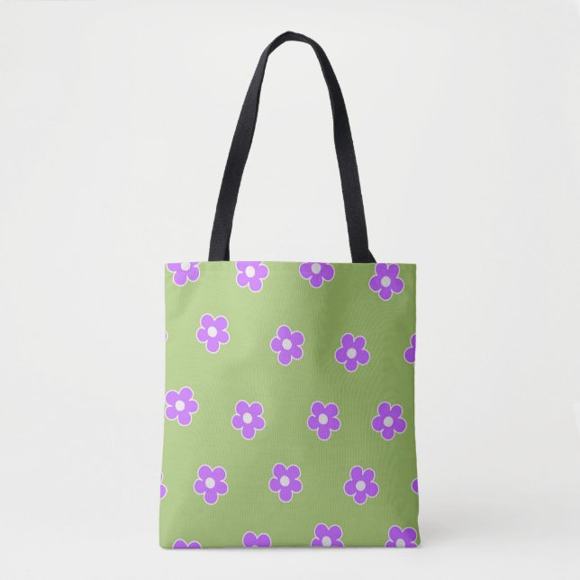 Tote Bag Motif à fleurs vert violet rétro Y2K (Devant)