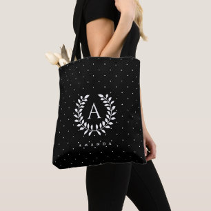 Tote Bag Motif à pois monogramme laurier blanc sur fond noi