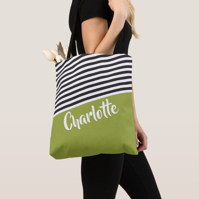 Tote Bag Motif à rayures blanc noir vert personnalisé (De près)