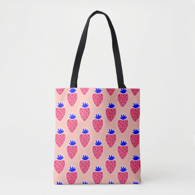 Tote Bag motif Abstrait à la fraise sur pêche. (Devant)