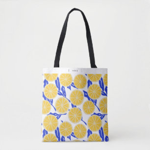 Tote Bag Motif abstrait d'orangés et de feuilles bleues