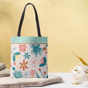 Tote Bag Motif abstrait rétro vintage floral vert sauge 