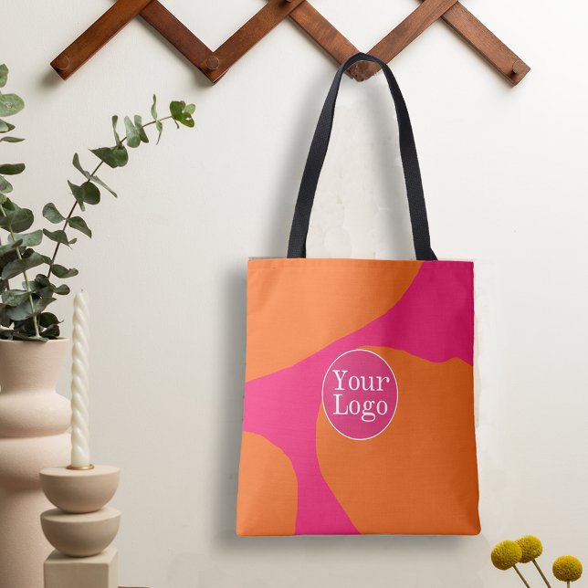Tote Bag Motif Abstrait rose et orange chaud avec logo (Add your business logo to this bright colorful tote.)