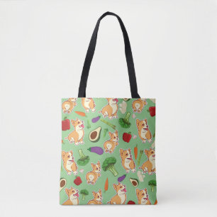 Tote Bag Motif alimentaire de légumes et Corgi mignon Vert