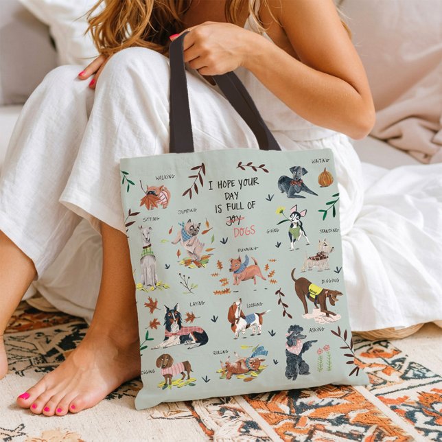 Tote Bag Motif amoureux des chiens bleu mignon (Cute Dogs Illustration Pattern Funny Dog Lover Tote Bag)