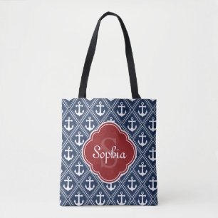Tote Bag Motif Ancre bleu Monogramme rouge