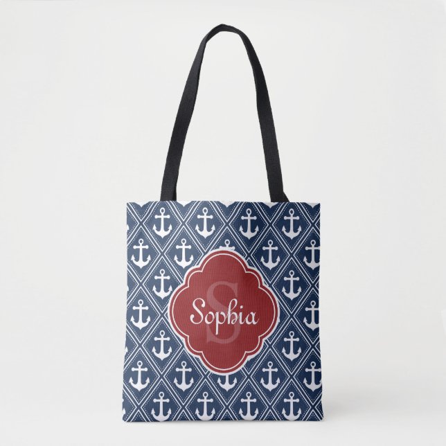 Tote Bag Motif Ancre bleu Monogramme rouge (Devant)