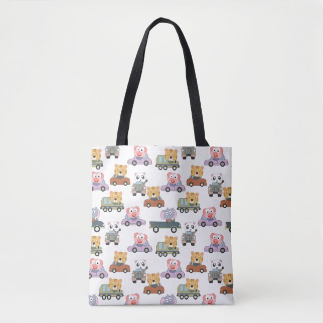 Tote Bag Motif Animaux Mignons Dans Des Voitures (Devant)