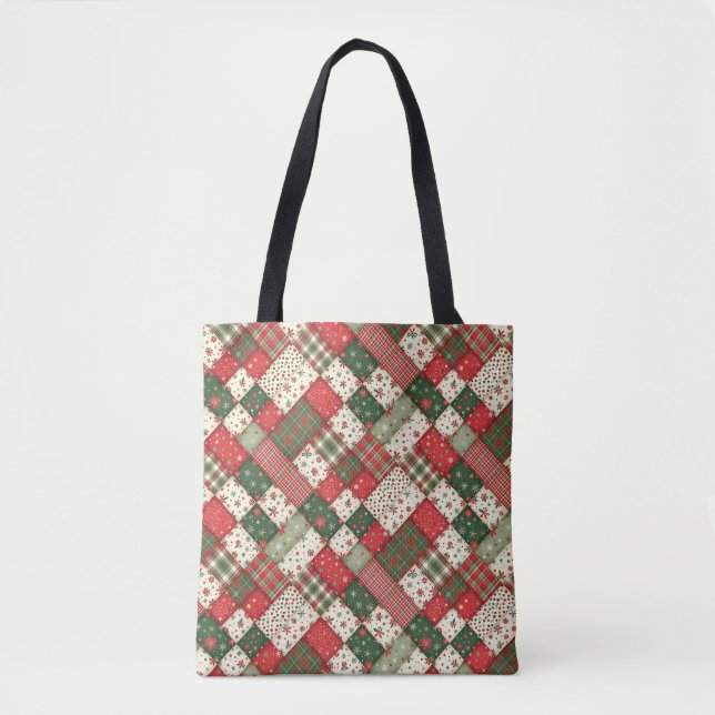 Tote Bag Motif arbre de Noël patchwork vert rouge (Devant)