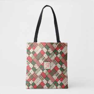 Tote Bag Motif arbre Noël patchwork vert rouge nom