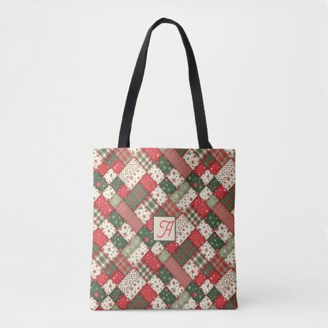 Tote Bag Motif arbre Noël patchwork vert rouge nom (Devant)