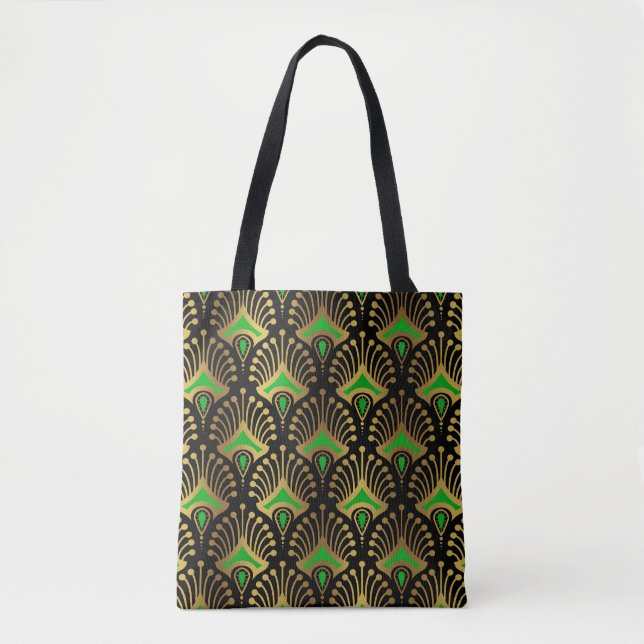 Tote Bag Motif Art déco or et vert sur noir (Devant)