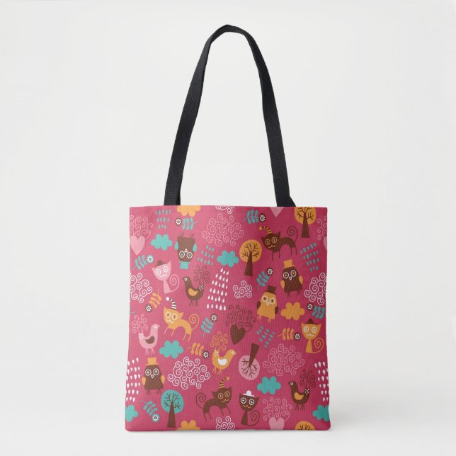 Tote Bag Motif avec des oiseaux et des chats mignons (Devant)