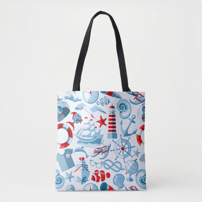 Tote Bag Motif blanc et bleu rouge nautique (Devant)