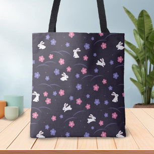Tote Bag Motif blanc mignon de lapins et de fleurs