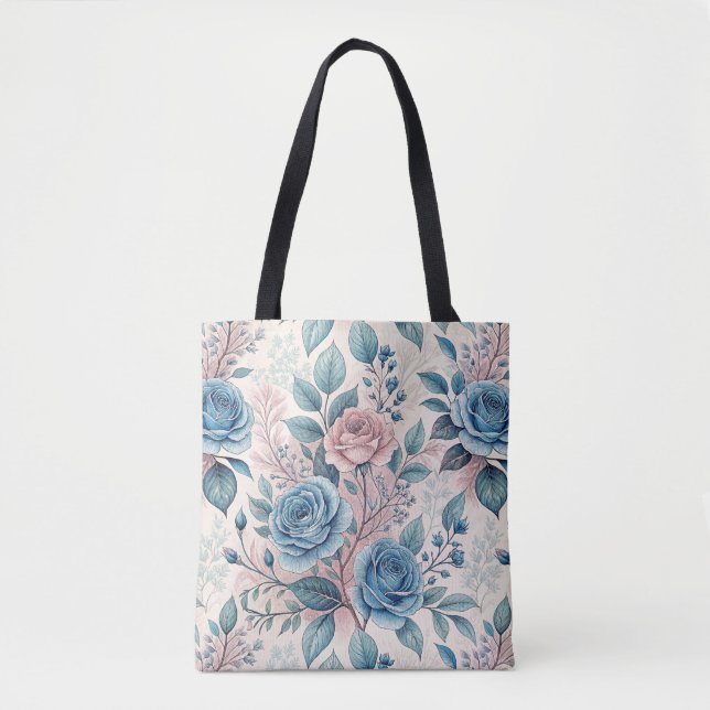 Tote Bag Motif bleu et rose sur blanc doux (Devant)