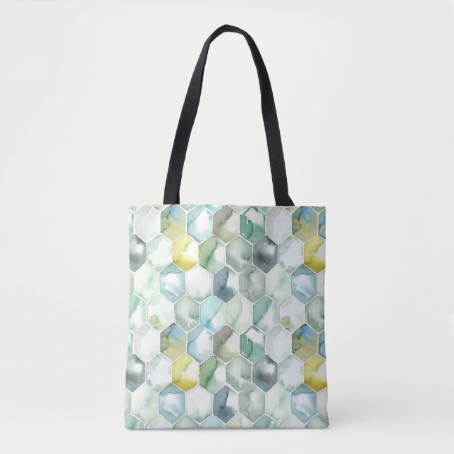 Tote Bag Motif bleu et vert de Honycomb d'aquarelle (Devant)