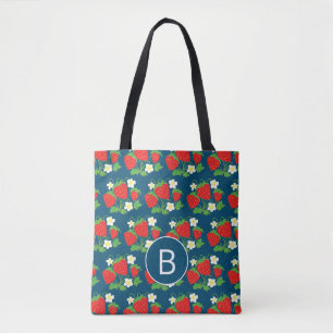 Tote Bag Motif bleu fraise et fleur Monogramme