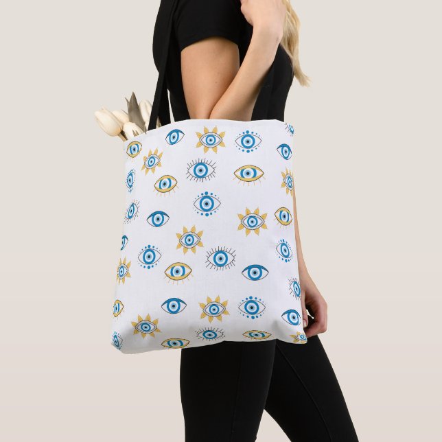 Tote Bag Motif bleu, or et blanc de l'oeil grec Mati (De près)