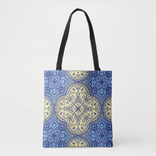 Tote Bag Motif Boho Blue & Gold Tile