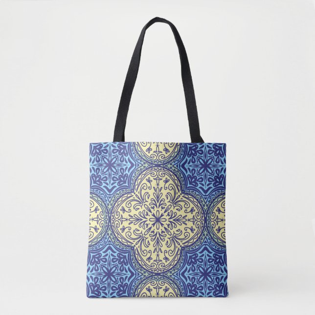 Tote Bag Motif Boho Blue & Gold Tile (Devant)