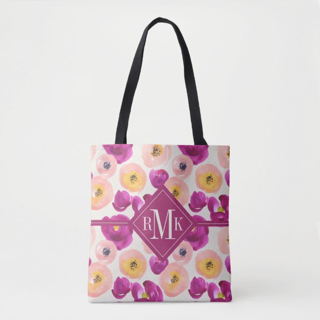 Tote Bag Motif botanique d'aquarelle du monogramme | (Devant)