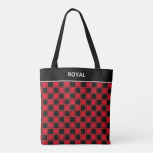 Tote Bag Motif carreaux noir rouge chic & calligraphie