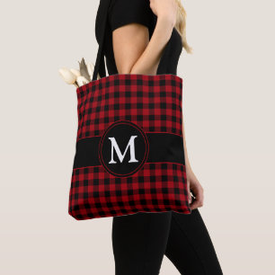 Tote Bag Motif carreaux tartan rouge monogramme