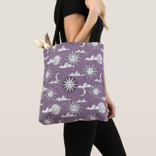Tote Bag Motif céleste vintage Sun Moon sur Old Lavender