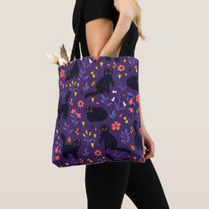 Tote Bag Motif Chats noirs et Fleurs sauvages