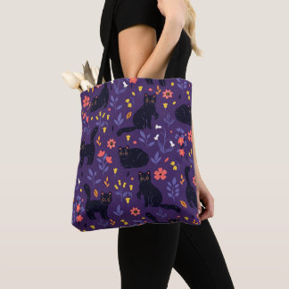 Tote Bag Motif Chats noirs et Fleurs sauvages