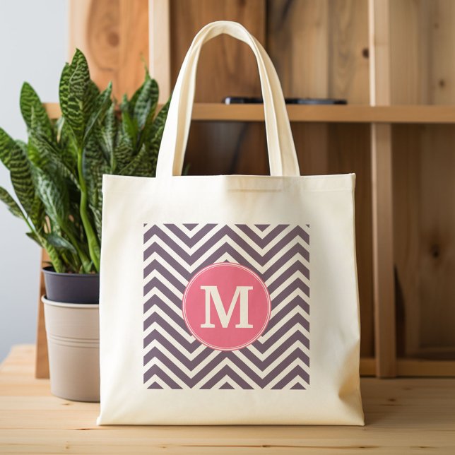 Tote Bag Motif Chevron avec Monogramme - rose violet (Custom Canvas Tote Bag)