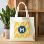 Tote Bag Motif Chevron jaune et bleu avec Monogramme<br><div class="desc">Un design tendance avec des couleurs vives et un endroit pour ajouter vos monogrammes ou autre texte. Si vous devez ajuster l'illustration,  cliquez sur le bouton personnaliser et apporter des modifications.</div>