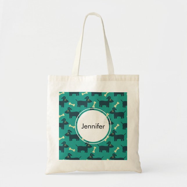 Tote Bag Motif chien mignon avec os sur Arrière - plan vert (Devant)