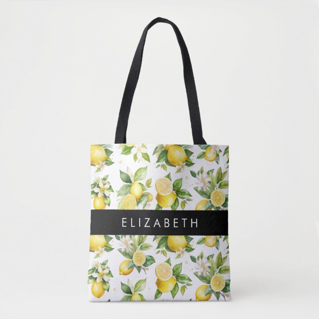 Tote Bag Motif citron, Fleurs de citron, Feuilles, Votre No (Devant)