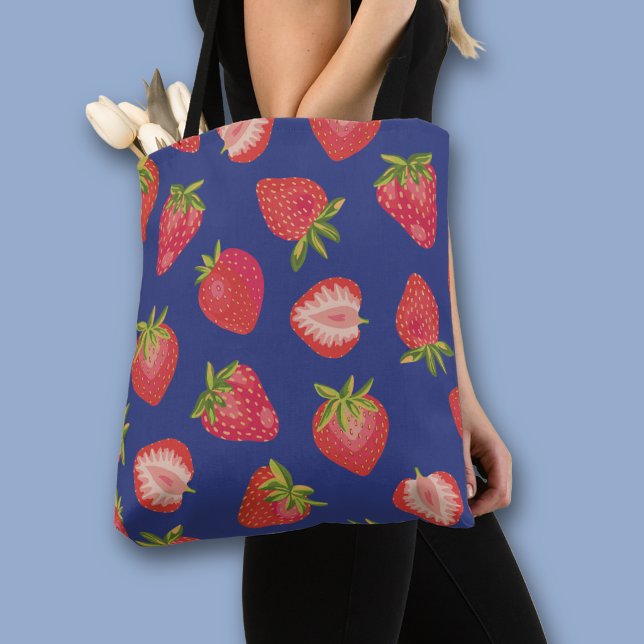 Tote Bag Motif coloré de fraise (Strawberry pattern blue all over print tote bag)